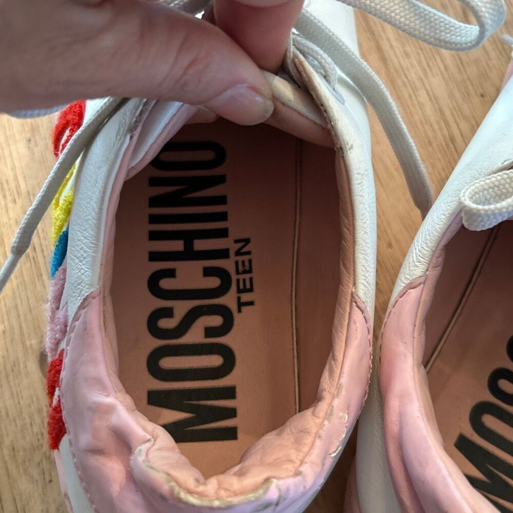 Moschino white pink colorful leather sneakers with tufted branding kids youth 5 - Picture 5 of 7